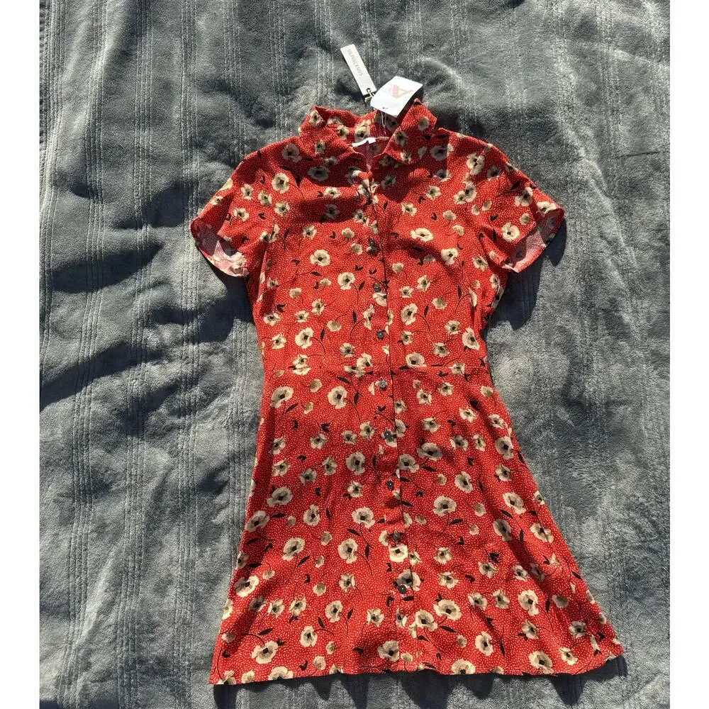 NWT Olivaceous Red Rayon Floral Print Button Front Mini Dress Women's Small - Picture 3 of 10